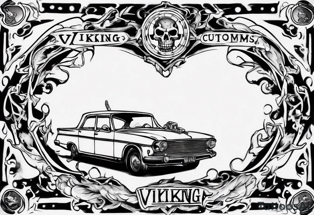 I want a tattoo of an old vintage open ceiling car and a skeleton in the back with the name “Viking Customs” incorporated in the design tattoo idea I want a tattoo of an old vintage open ceiling car and a skeleton in the back with the name “Viking Customs” incorporated in the design tattoo idea