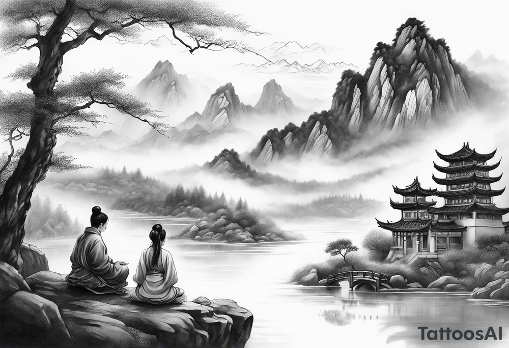 forearm sleeve traditional chinese art painting style autumn mountains mist fog water Chinese temple female with pony tail wearing robes seated meditating far away in the distance tattoo idea