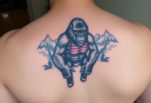 Silverback gorilla wearing amateur wrestling shoes and an singlet for a match as a person would. The surrounding area is mountainous jungle tattoo idea