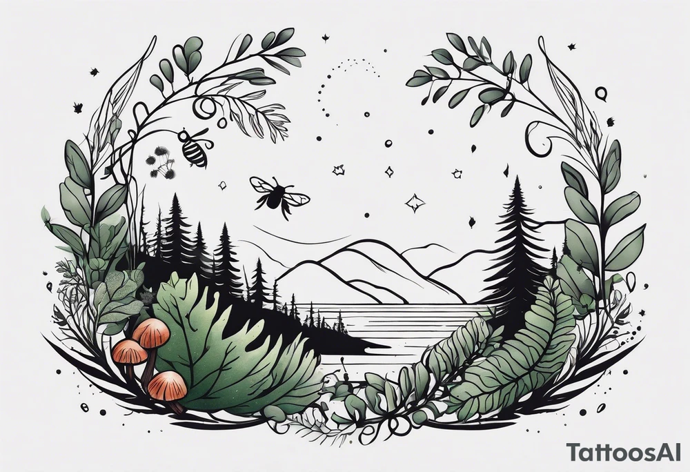forest floor inspired minimalist tattoo, which includes grass, curly ferns, moss and dead leaves as the bulk of the tattoo. details to include: forest berries, a tiny bumblebee flying nearby, three small brown mushrooms
Generate a vertically long one tattoo idea