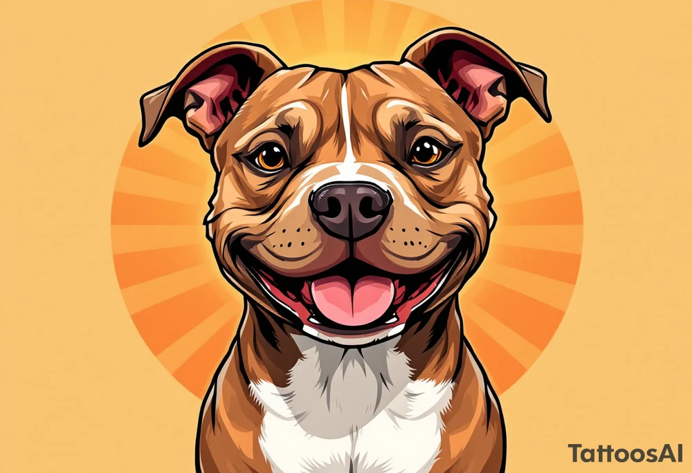 Portrait of a smiling pitbull, soft brown fur and white chest, playful expression, set against a sunburst background in warm orange tones. tattoo idea