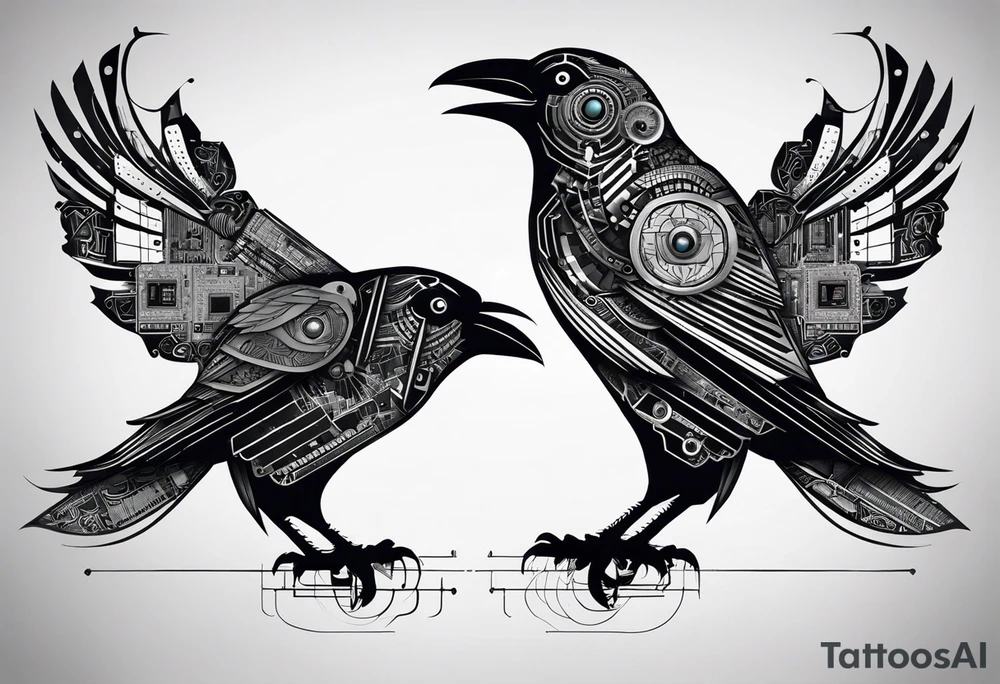 An epic-looking crow sitting on a perch with intricate circuit boards and PCB designs running throughout its feathers. The crow's eye features a tiny CPU fitting perfectly in its pupil. The tattoo will be placed on the outer bicep, primarily in black ink with a small splash of color to make certain elements pop. tattoo idea