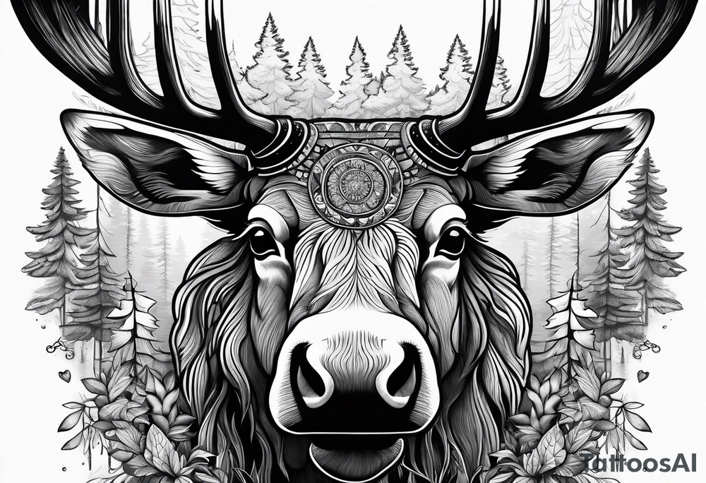 a psychedelic moose in the forest tattoo idea