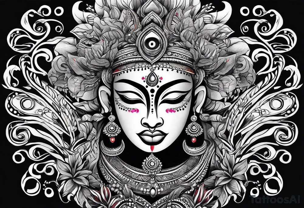 full sleeve tattoo with pottan theyyam face on top flowing down into vines which becomes two eyes in the bottom. tattoo idea