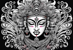 full sleeve tattoo with pottan theyyam face on top flowing down into vines which becomes two eyes in the bottom. tattoo idea