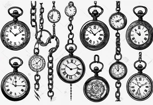 Pocket watch with chain, Roman numerals, date in Roman numerals inside timepiece, classic, elegant, traditional, clean lines tattoo idea