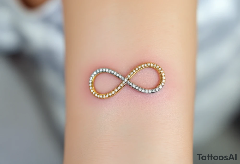 An infinity symbol made of two interlocking wedding bands, shaded in gold and platinum, with tiny diamond sparkles. tattoo idea