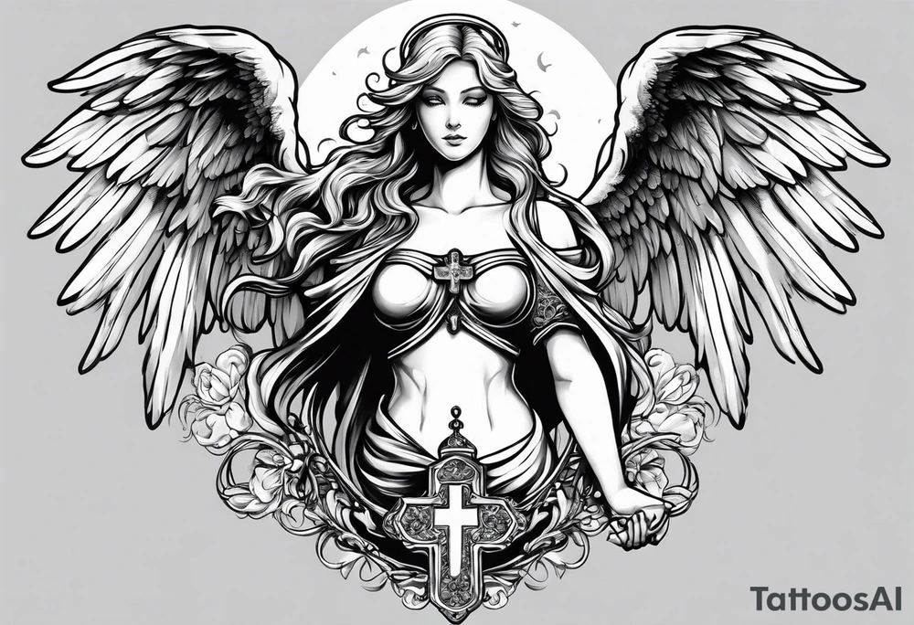 Angelic Angel holding cross in clouds arm tattoo tattoo idea