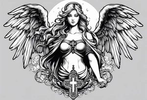 Angelic Angel holding cross in clouds arm tattoo tattoo idea
