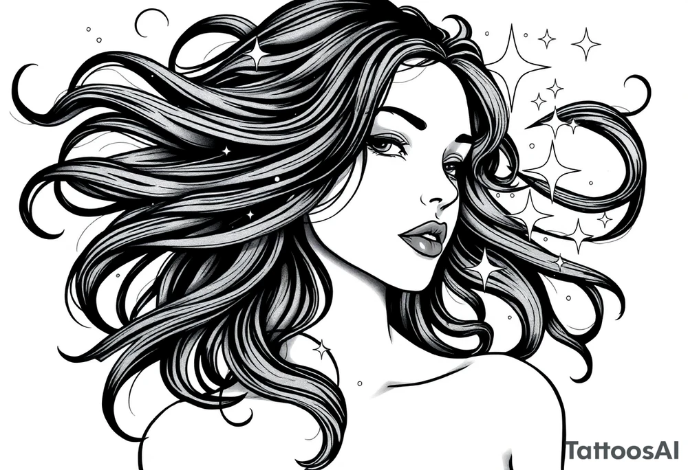 ethereal goddess with flowing hair and beautiful celestial stars tattoo idea