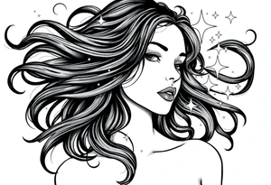 ethereal goddess with flowing hair and beautiful celestial stars tattoo idea