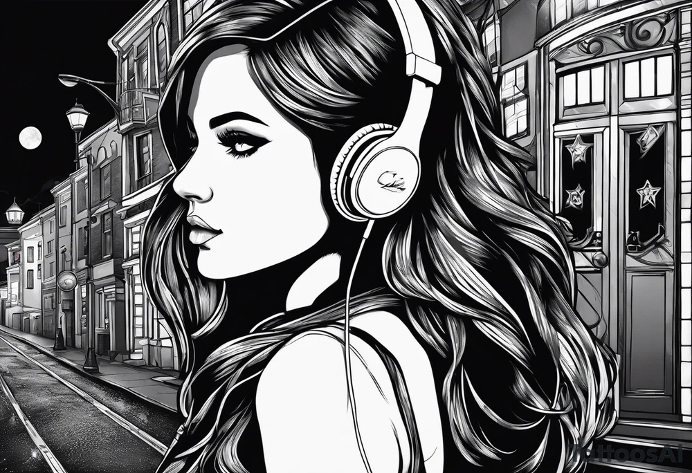 a girl listening to music with over the ear headphones along a dark road at night showing her shadow tattoo idea