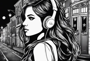 a girl listening to music with over the ear headphones along a dark road at night showing her shadow tattoo idea