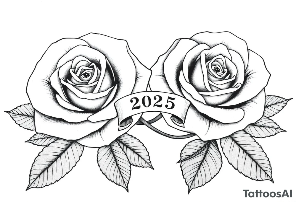 two big beautiful roses with leaves and separated by their intertwined stems, with a small banner with the year "2025" on it, tying them together.  Add the following word "Rose" written in Kanji above the drawing. tattoo idea