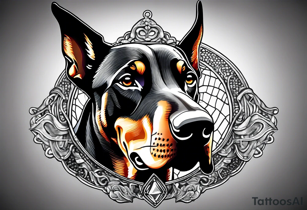 Doberman with open mouth biting
Wearing chain tattoo idea