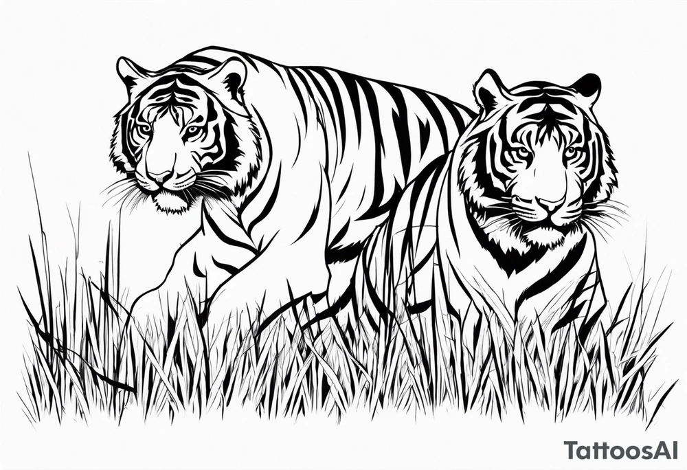 tigers stalking from behind grass tattoo idea