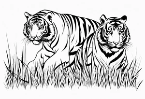 tigers stalking from behind grass tattoo idea