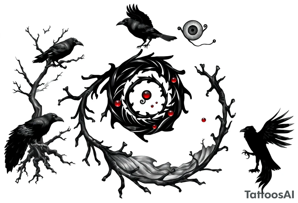 Tattoo design combining a black spiral, nature elements like roots, vines, fog, and flowing water, mythological symbols like Norse runes, a raven, and a shadowy wolf spirit. Include anime elements from Naruto and One Piece: Sharingan eye, chakra flames, Itachi silhouette, Kurama, Luffy in Gear 5, and Zoro’s swords. Style should be black and grey with red highlights, mystical, powerful, and artistic – blending nature, mythology, and anime tattoo idea