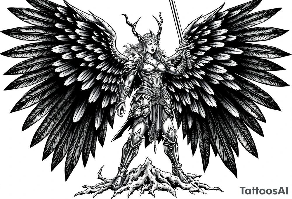 A fierce looking Valkyrie with very big dark wings. The whole body with legs should be visible.
She has armor.
She is standing in a battle ready pose with a sword held high.

She is screaming.
She is standing on roots tattoo idea