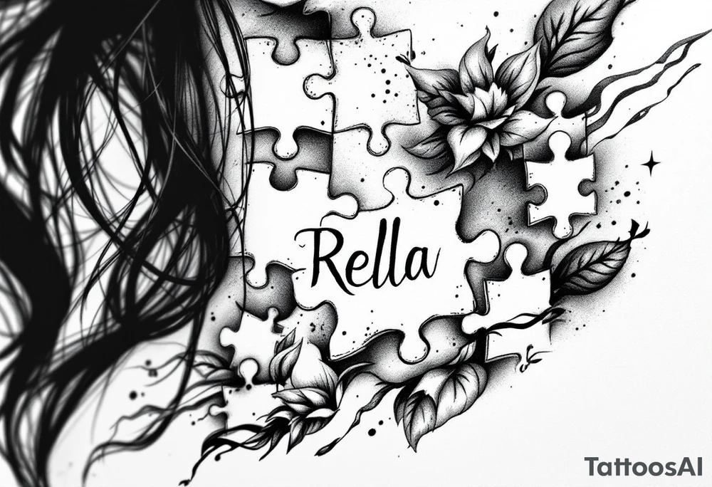 side of the neck puzzle piece tattoo where one of the pieces says Rella tattoo idea