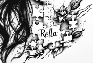 side of the neck puzzle piece tattoo where one of the pieces says Rella tattoo idea