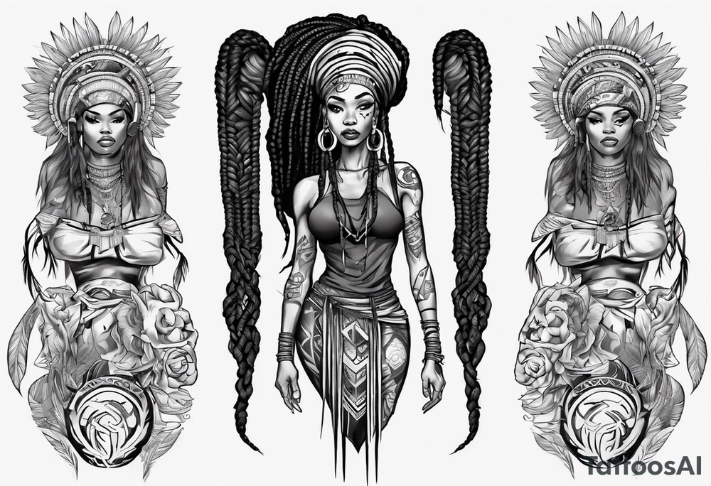 African female Valkyre full body 
slim long face long braided hair tattoo idea