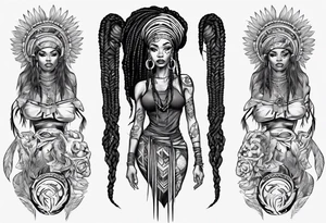 African female Valkyre full body 
slim long face long braided hair tattoo idea