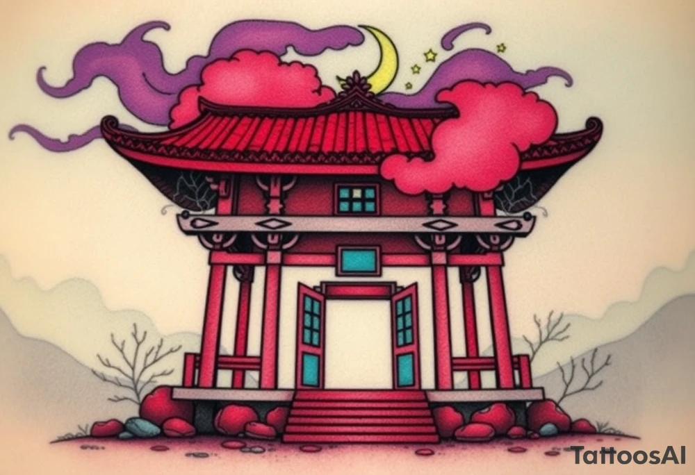 Tim Burton’s haunted pastel Tokyo shrine is abandoned and dripping with muted reds, dusty pinks, and eerie green glow.purple and cyan smokey clouds swirl in the crescent moonlit sky thats sprinkled with stars tattoo idea tattoo idea
