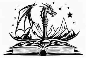 an open fantasy book. a flying dragon with scales and four legs. A pawn chess piece. a sword. Three stars with three mountain peaks tattoo idea