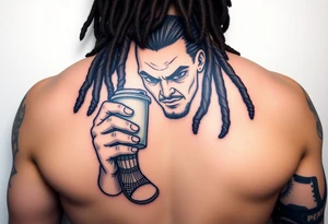 Comic character with dread locs holding a coffee in one hand with socks and slides on tattoo idea