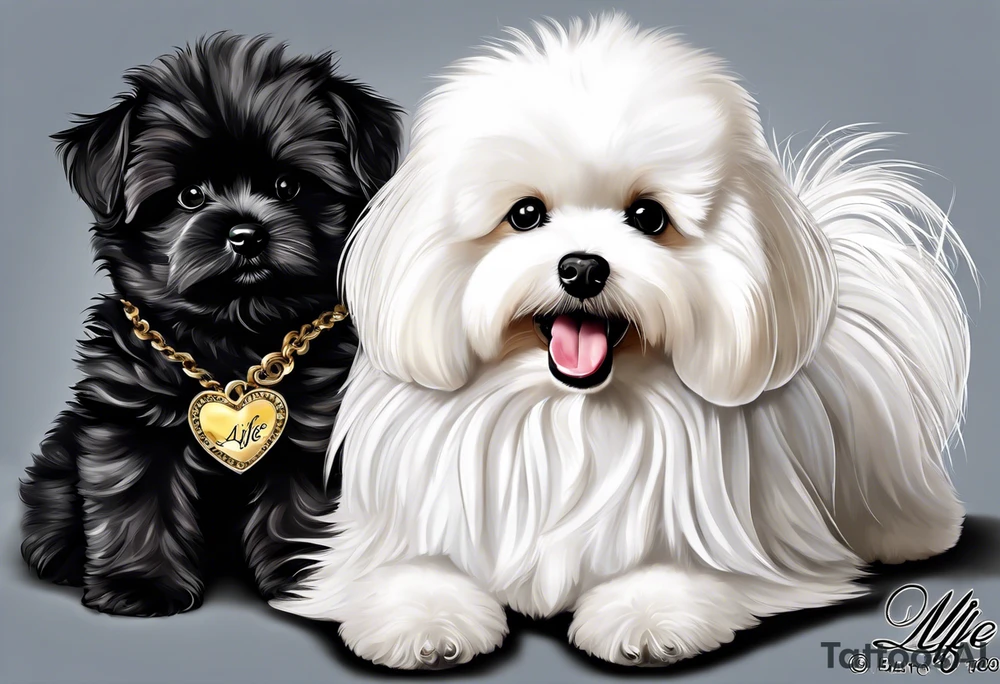 A white Bichon frise with a black pomeranian and a black golden doodle with the words “MFer 4 Life” tattoo idea