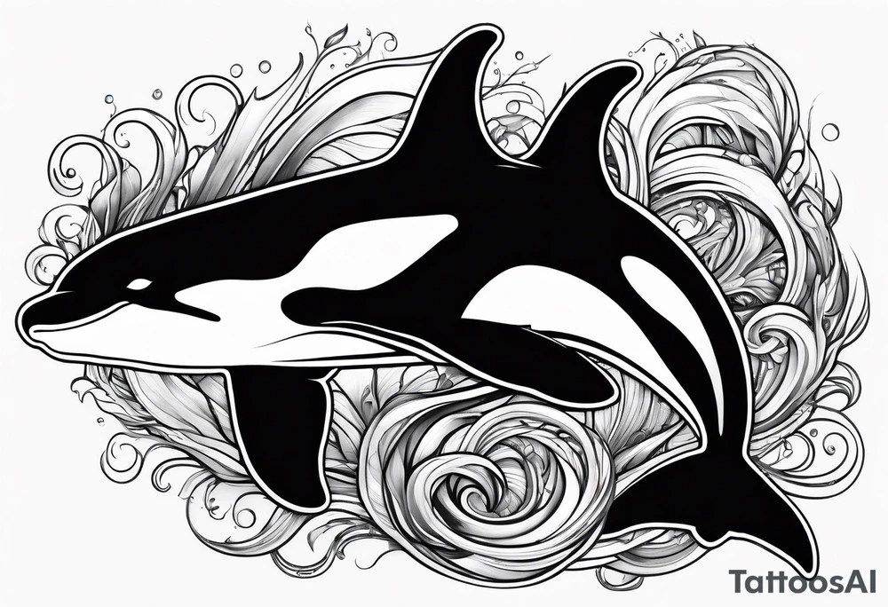 transient orca, flowing body, wrapped in kelp, smooth tattoo idea