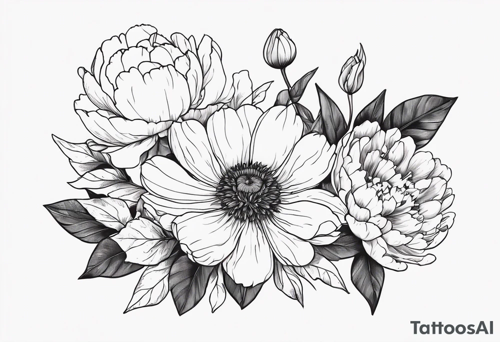 peony, calendula, sunflower, tulip, cherry blossom and ginko leaf tattoo idea