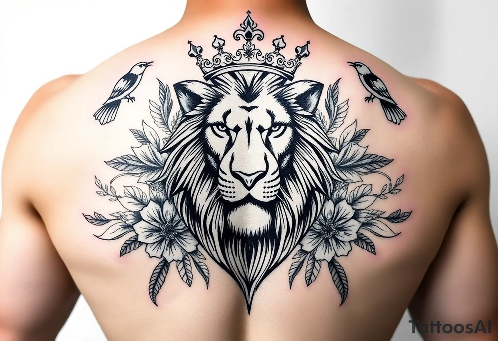 powerful majestic lion with a crown, surrounded by floral ornaments and birds tattoo idea