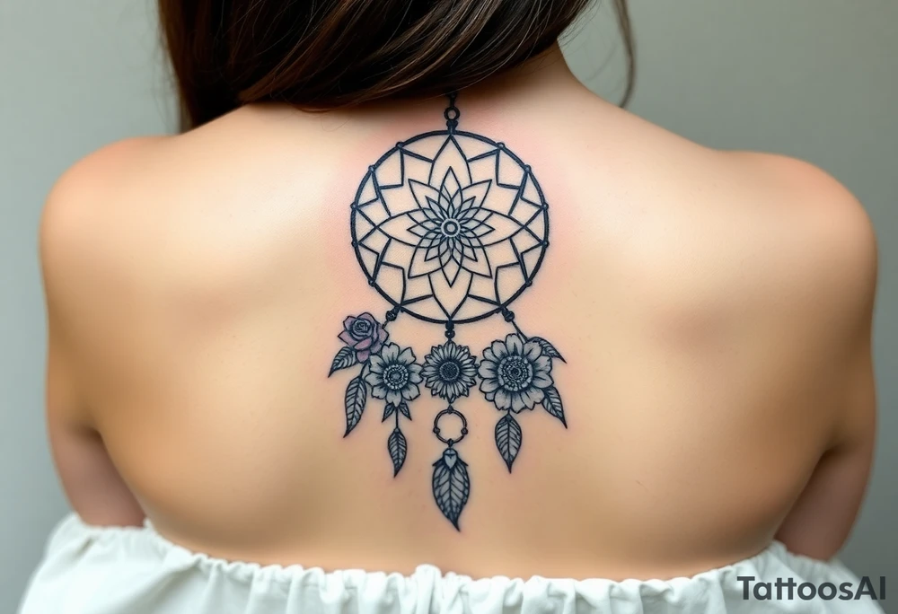 Dreamcatcher with zodiac symbols and protection runes caught in it with tigerlillies roses and sunflowers tattoo idea