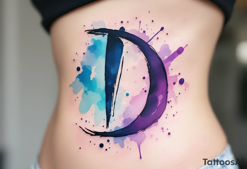 Watercolor Brushstroke D – A bold, free-flowing D painted with vibrant blue and purple watercolor splashes fading outward. tattoo idea