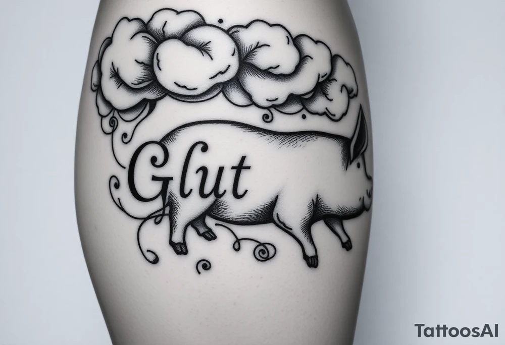 Storm clouds the word gluttony and sexy pig woman tattoo idea