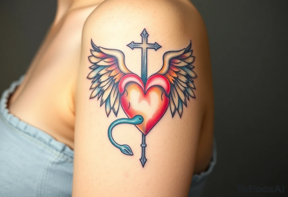 catholic sacred heart with wings and serpent cross tattoo idea