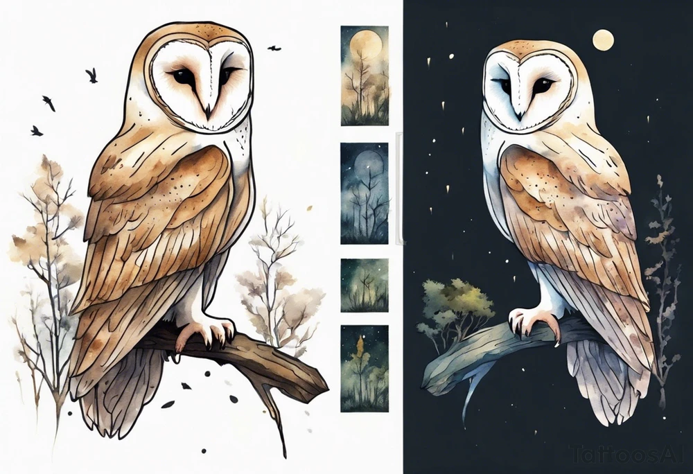 a barn owl with very long legs walking on a forest path at night tattoo idea