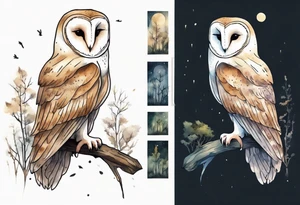 a barn owl with very long legs walking on a forest path at night tattoo idea