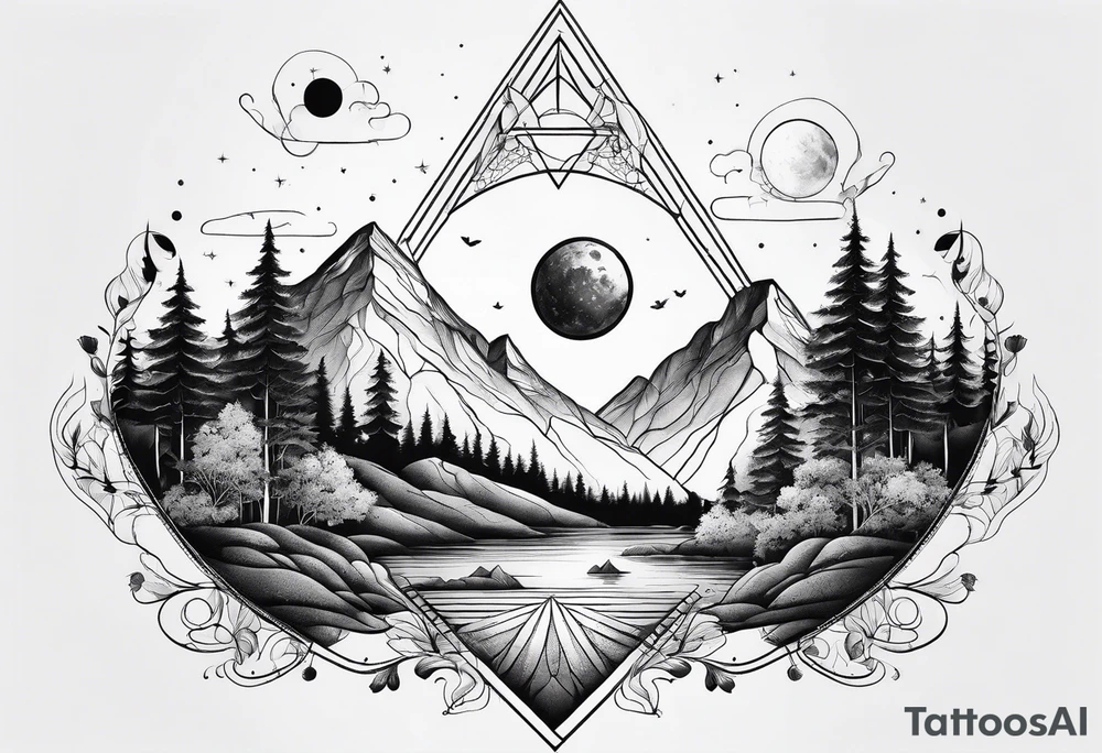 thick line art of space and nature in triangle shape tattoo idea