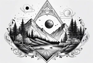 thick line art of space and nature in triangle shape tattoo idea