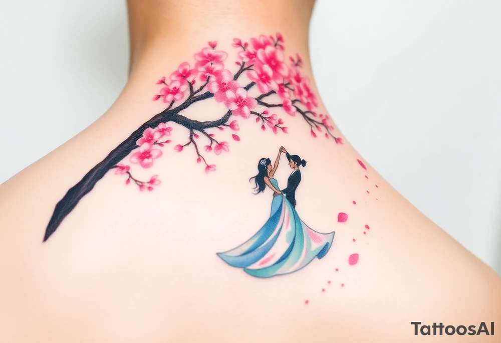 A watercolor-style couple dancing under a soft pink cherry blossom tree, with delicate petals falling around them tattoo idea
