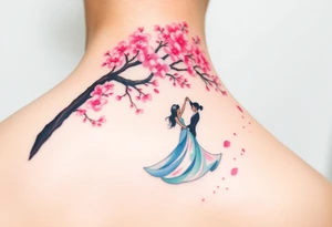 A watercolor-style couple dancing under a soft pink cherry blossom tree, with delicate petals falling around them tattoo idea