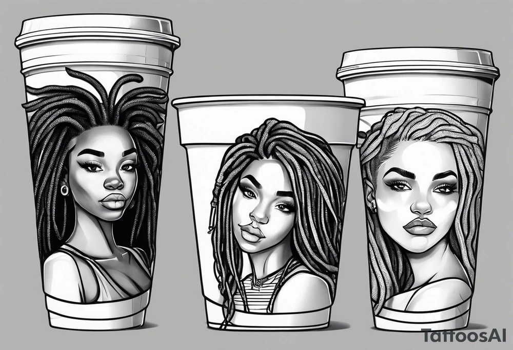 Black guy with dreads inside a foam cup with two girls tattoo idea