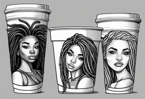 Black guy with dreads inside a foam cup with two girls tattoo idea