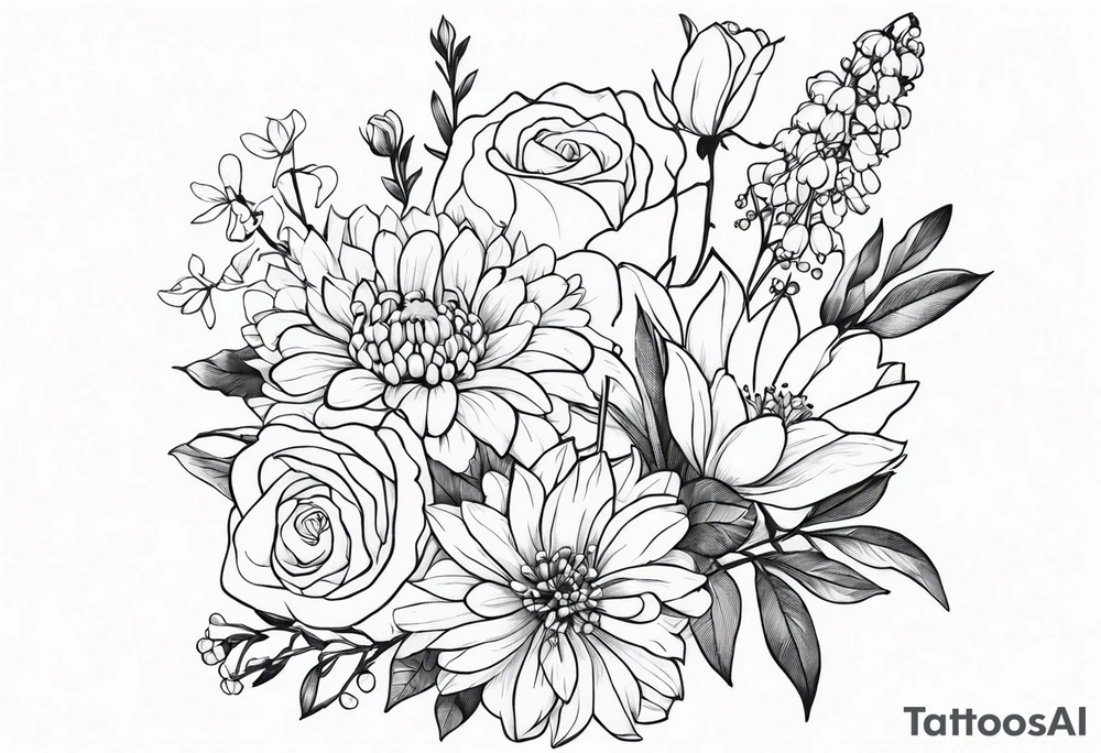 Asters, roses, lily of the valley, and chrysanthemums in a long line tattoo idea