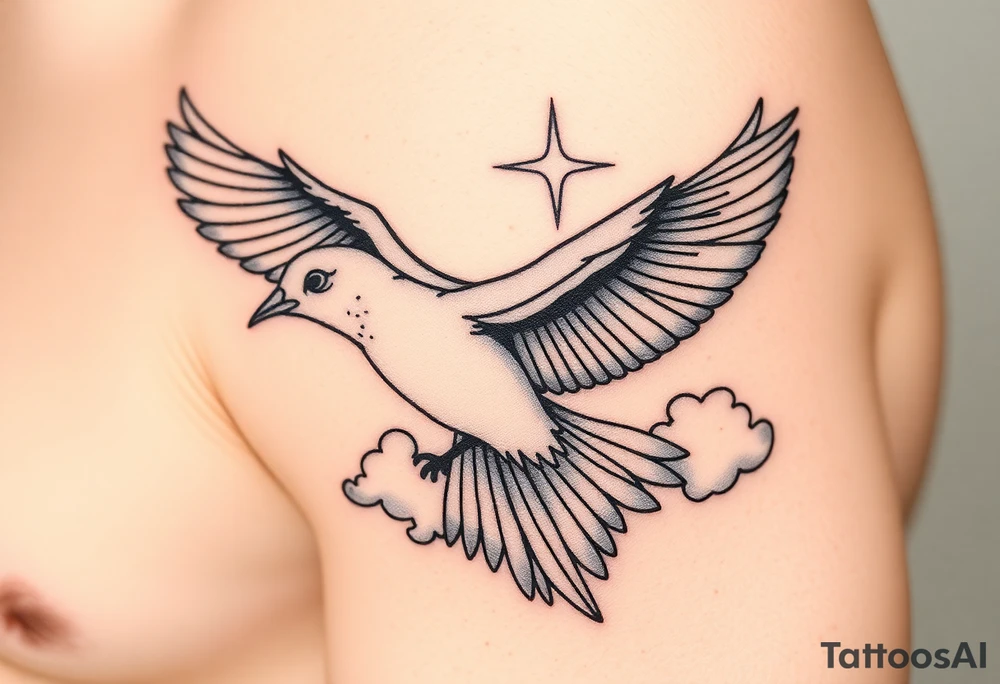 Dove and a blue jay, clouds, shining light to or from heaven tattoo idea
