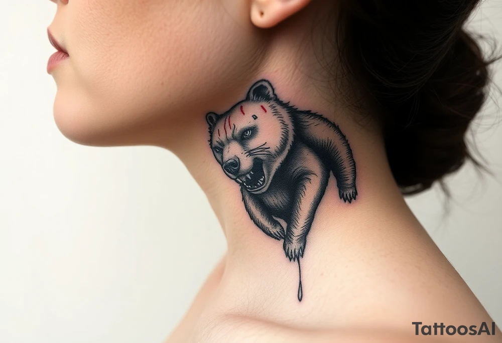Beautiful Woman with battle scars and blood on face wearing bear cadaver tattoo idea
