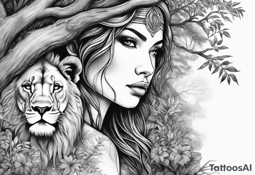 Forest goddess looking down side profile  tree branches forming into her face with full male lions head facing her as to protect her middle arm sleeve tattoo idea